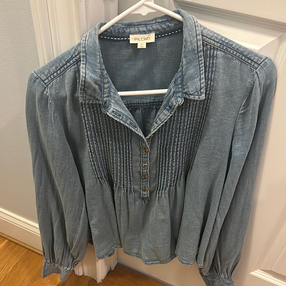 Pilcro Blue Smocked Button Down Shirt